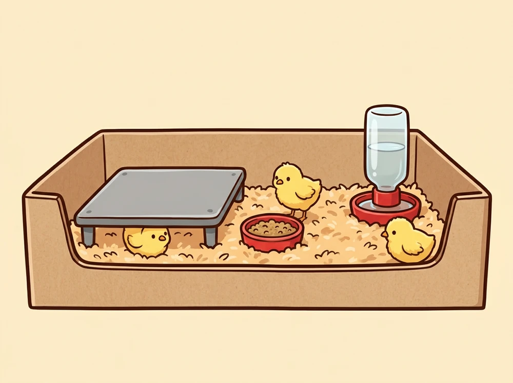 Cartoon side view of a brooder: a low-sided box with three yellow chicks, a flat heat plate on legs, a red feeder tray of crumble, a water dispenser, and pine shaving bedding