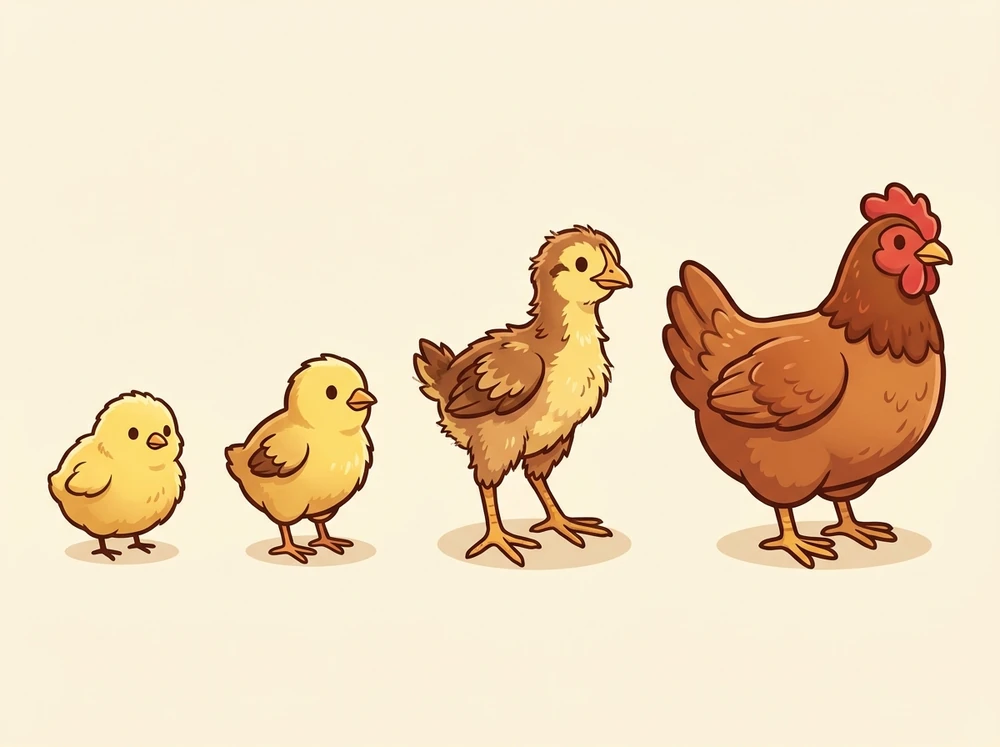 Cartoon row showing four chicken growth stages: a fluffy day-old chick, a chick with first wing feathers, a gangly half-feathered pullet, and a full-grown hen