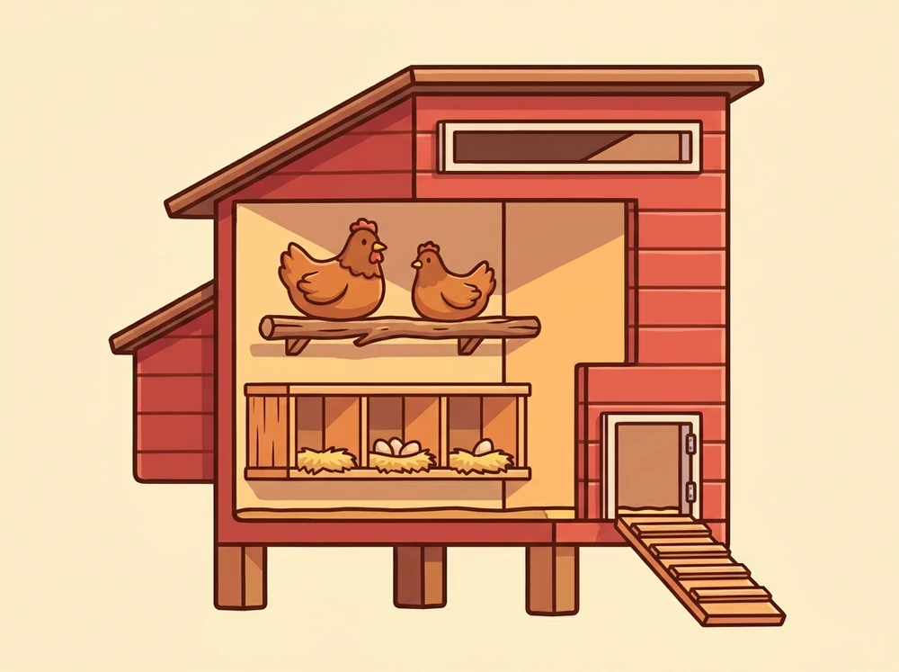 Cartoon cutaway of a red chicken coop showing a raised roosting bar, a row of straw-filled nesting boxes below it, a ventilation gap near the roof, and a ramp down to the run