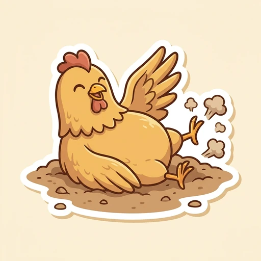 Cartoon golden hen lying on her side in a shallow dip of dry dirt, one wing spread, kicking up puffs of dust, eyes closed in bliss