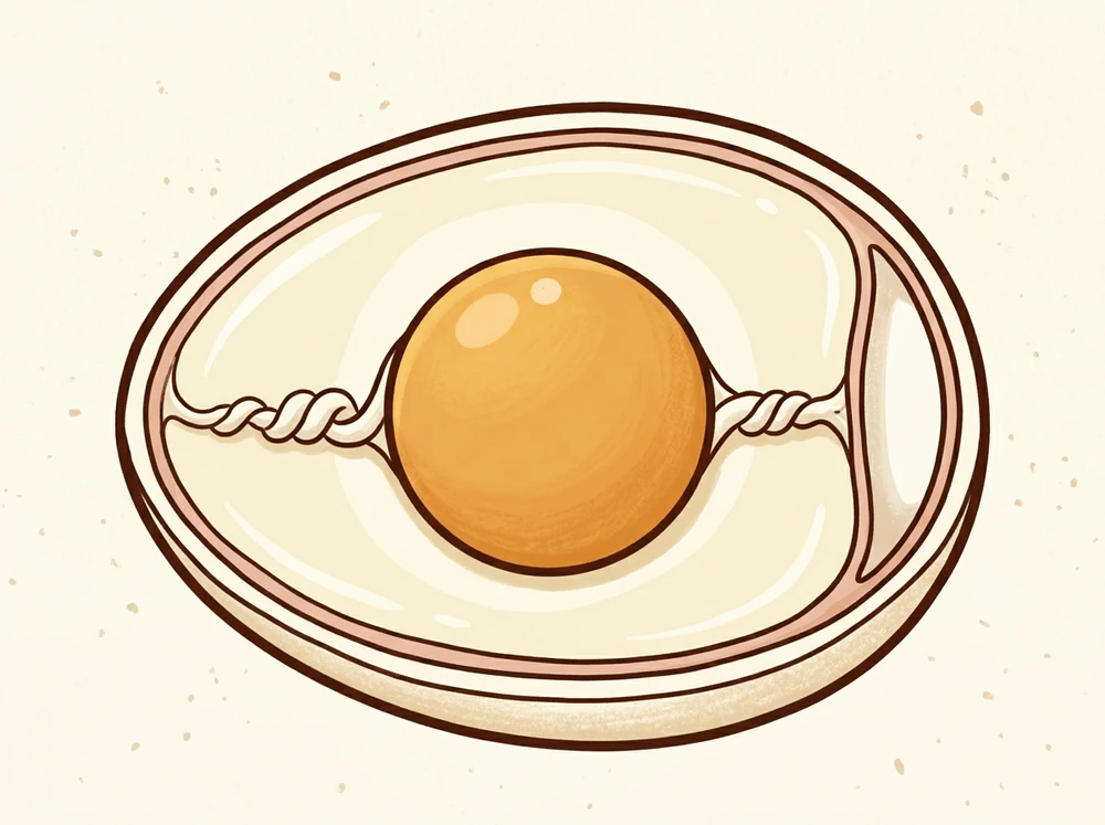 Cartoon cross-section of a chicken egg showing the shell, membrane, egg white, central golden yolk and the air pocket at the wide end