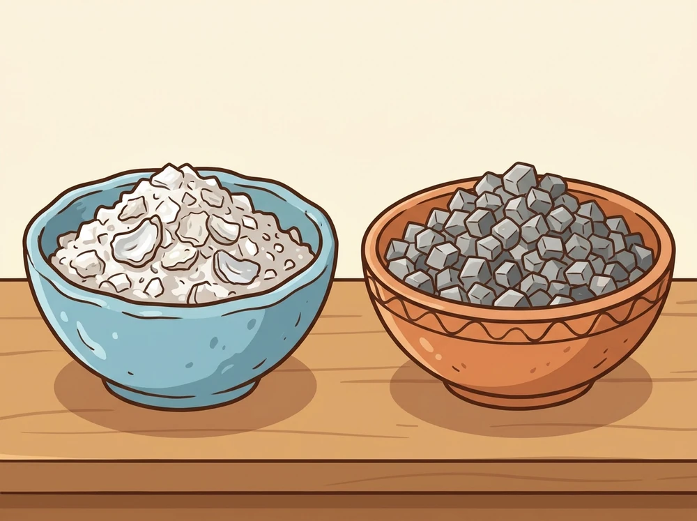 Cartoon illustration of two separate dishes side by side: one holding coarse crushed white oyster shell, the other holding small grey angular granite grit