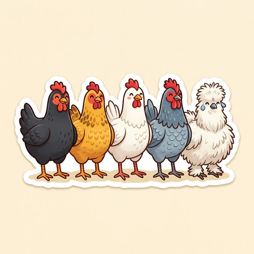 Cartoon row of five different chickens standing side by side