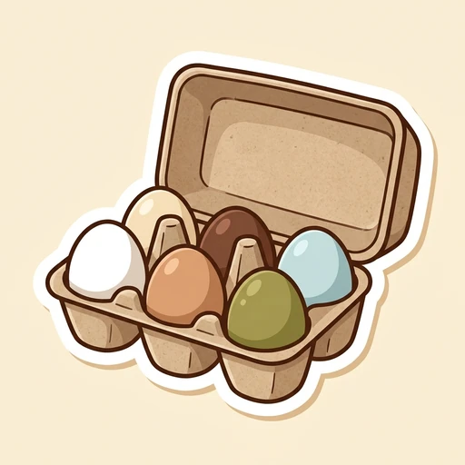 Cartoon egg carton holding six eggs in white, cream, brown, chocolate, blue and olive