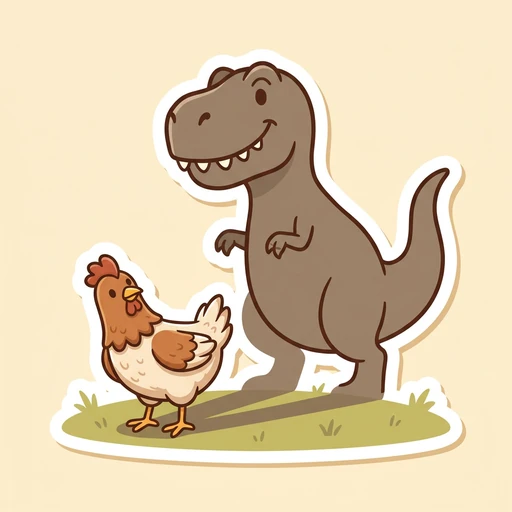 Cartoon chicken casting an oversized shadow shaped like a Tyrannosaurus rex