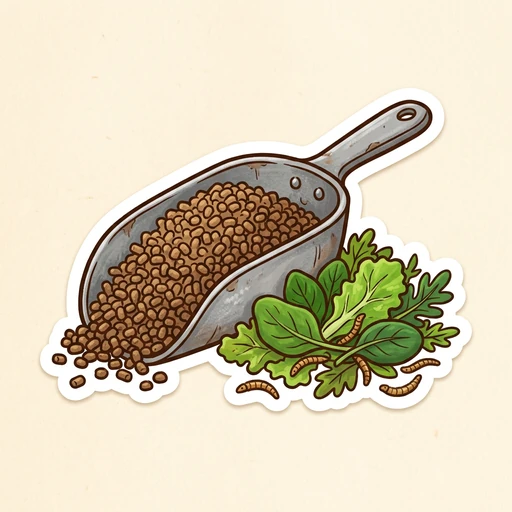 Cartoon illustration of a metal feed scoop overflowing with brown layer pellets beside leafy greens and dried mealworms