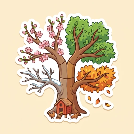 Cartoon illustration of a single tree split into four seasons around its trunk with a small red coop at its base