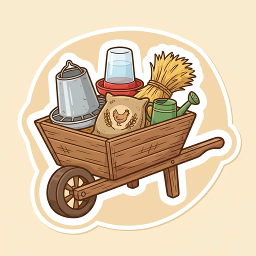 Cartoon wheelbarrow loaded with chicken keeping gear