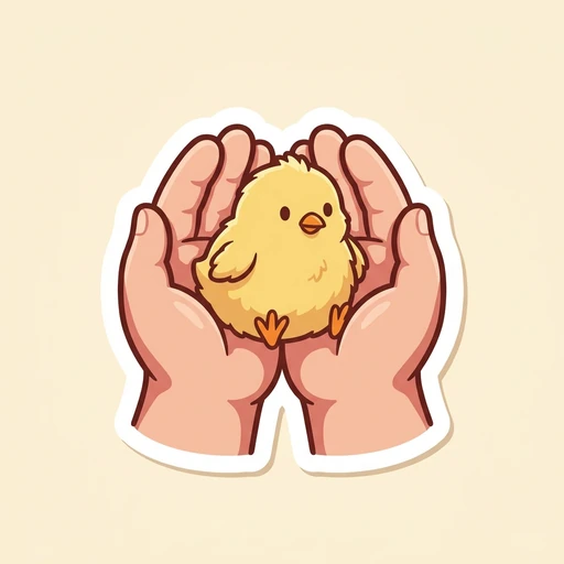 Cartoon hands holding a fluffy yellow day-old chick