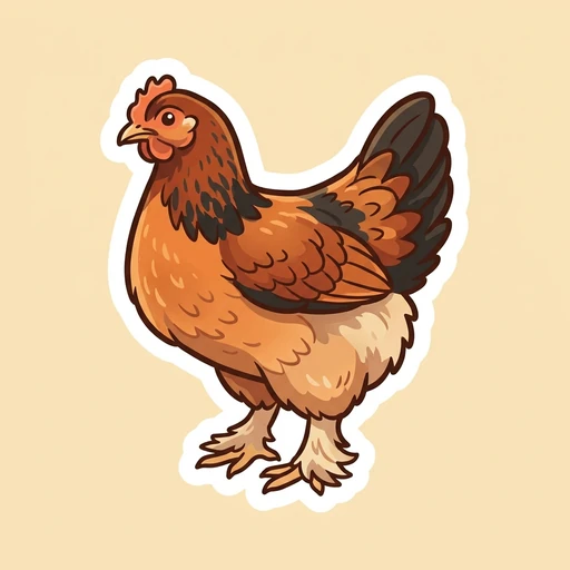 Cartoon dark copper-and-black Marans hen sticker with lightly feathered legs