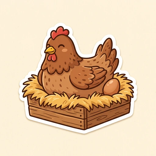 Cartoon brown hen sitting contentedly in a straw-lined wooden nesting box with one freshly laid brown egg beside her