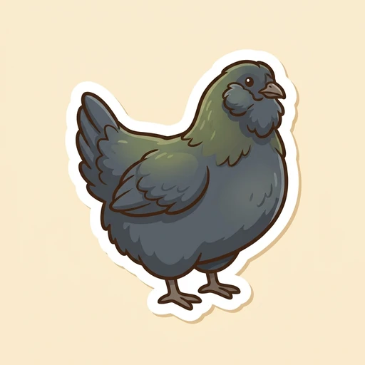 Cartoon dark slate-grey Olive Egger hen sticker with fluffy cheek muffs