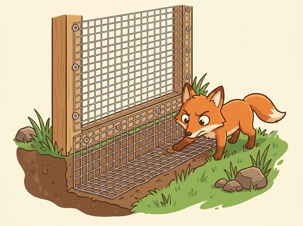 Cartoon detail of a run frame covered in tight galvanised hardware cloth stapled with washers, the mesh skirt buried and folded outward under the soil, with a frustrated fox outside