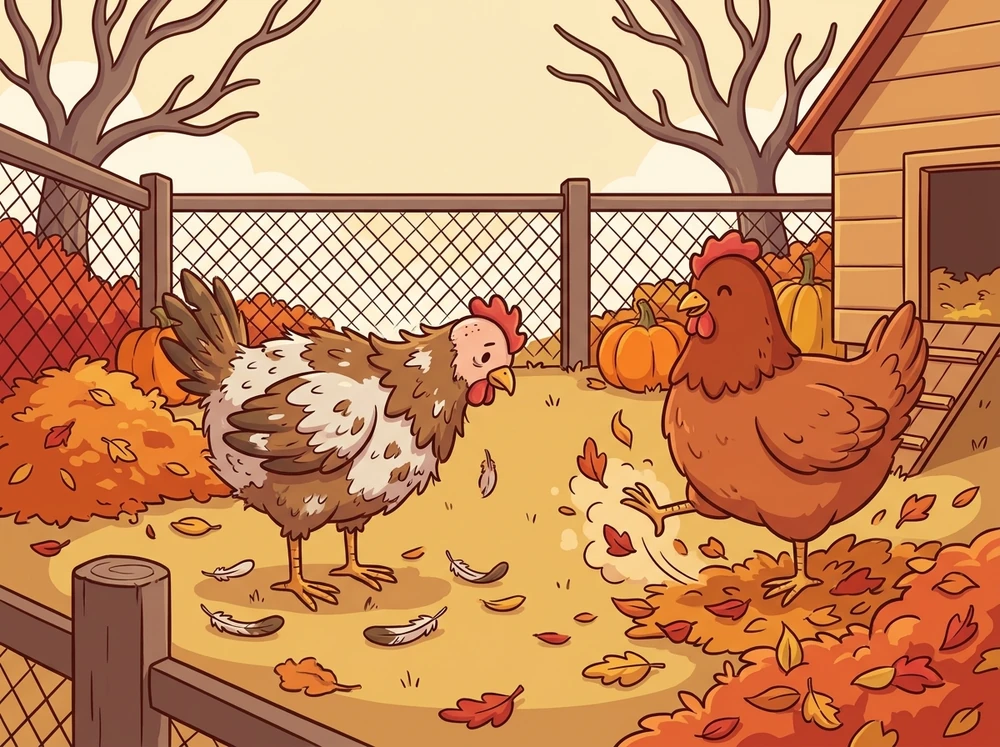 Cartoon autumn scene of a scruffy half-bald moulting hen with loose feathers on the ground, piles of orange leaves in the run, and another hen kicking through them