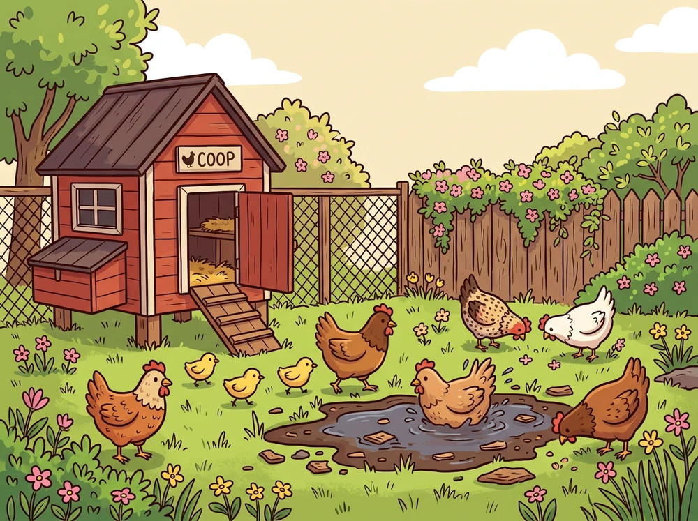 Cartoon spring scene of a red coop with the door open, hens pecking among fresh grass and blossom, wood chips over a muddy patch, and chicks following a hen