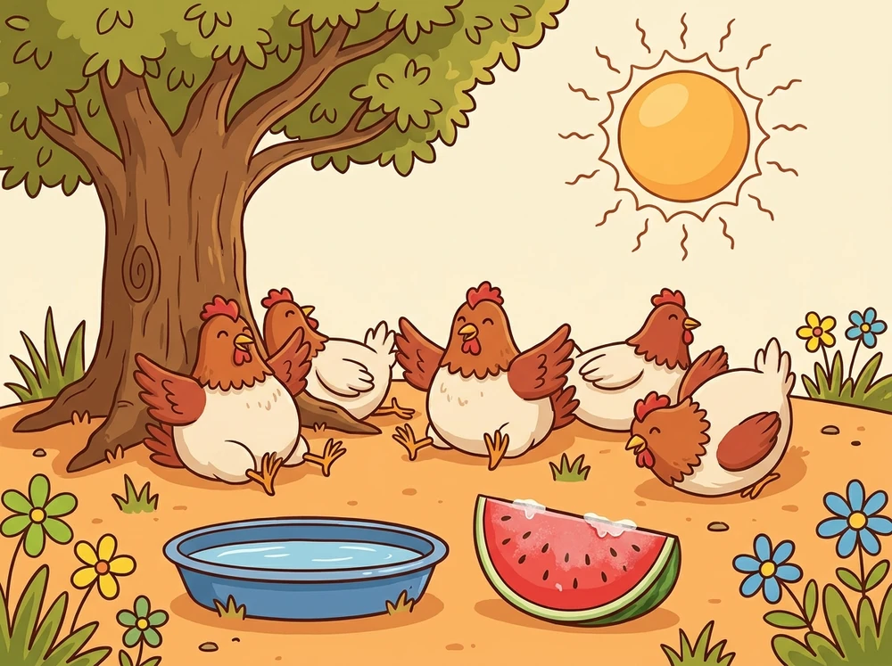 Cartoon summer scene of hens resting in shade with a water pan and frozen watermelon