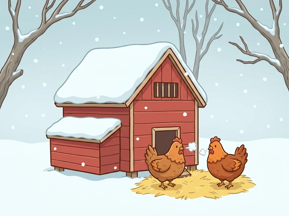 Cartoon winter scene of a red coop in snow with a small ventilation gap near the roof ridge, two hens on cleared straw outside, bare branches and falling snow