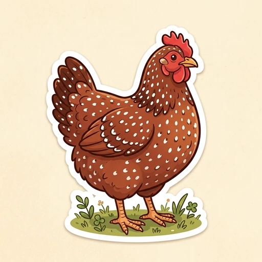 Cartoon mahogany Speckled Sussex hen sticker covered in white spots