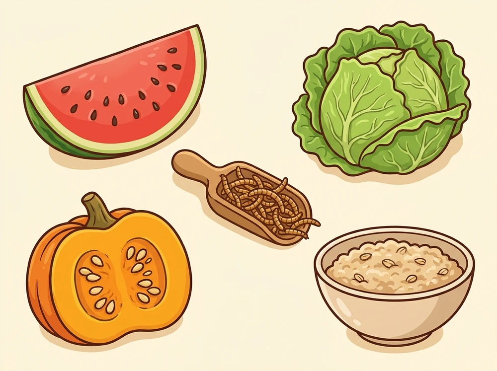 Cartoon spread of chicken treats: watermelon, cabbage, mealworms, pumpkin and oats