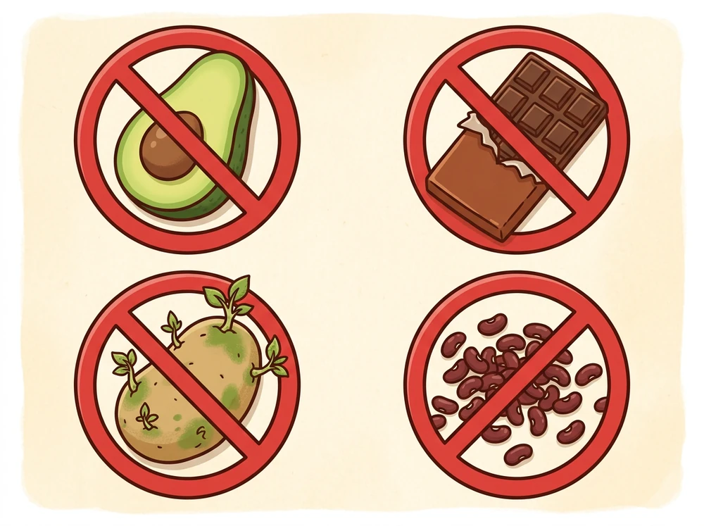 Cartoon warning illustration showing an avocado, a chocolate bar, dry raw kidney beans and a green sprouting potato, each with a bold red circle-and-slash symbol over it