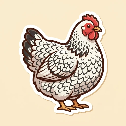 Cartoon silver-laced Wyandotte hen sticker with black-edged white feathers